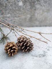 Natural pine cones and twigs on a textured gray background showcasing rustic elements : Generative AI