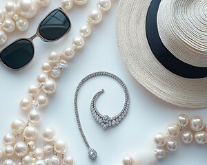 Fashion accessories arranged on a white surface looking stylish