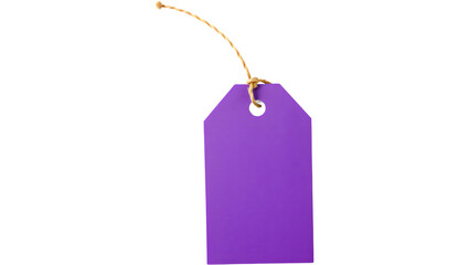 A simple purple tag with a hole at the top, attached to a string.