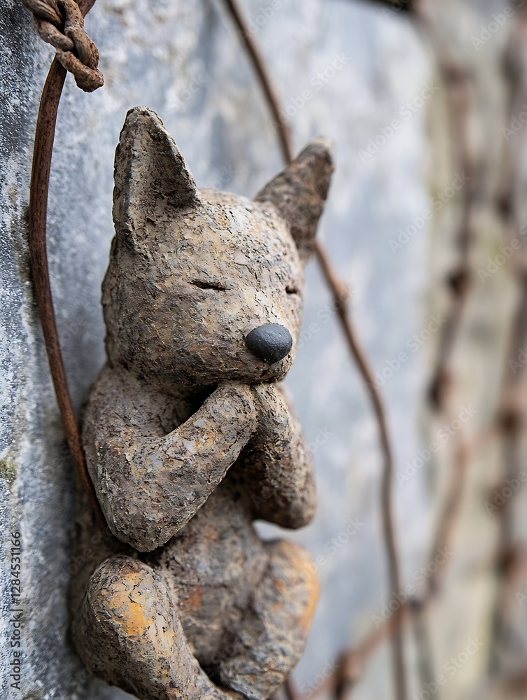 Poster artistic sculpture of a praying fox made from clay resting against a rustic stone wall : generative 