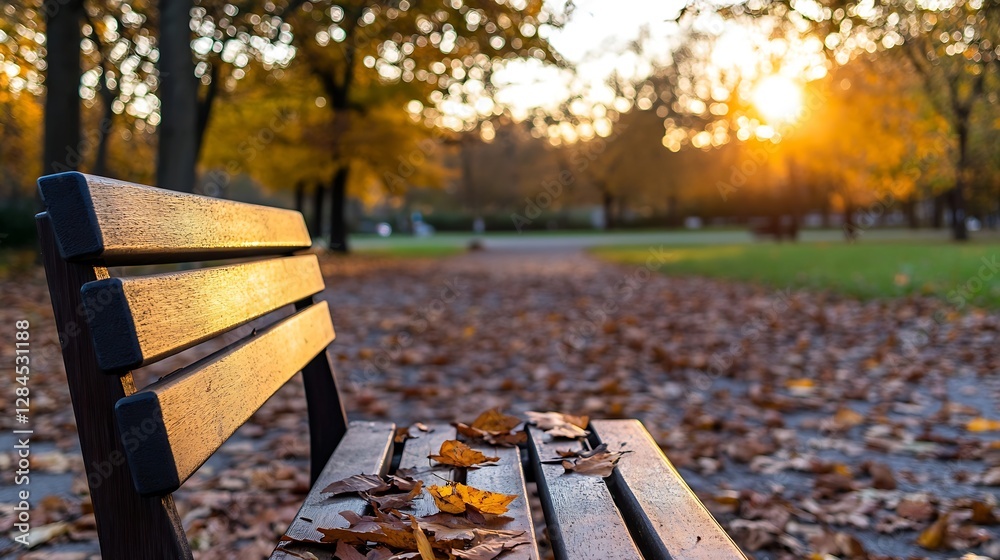 Poster Beautiful Autumn Scene Featuring a Park Bench Surrounded by Colorful Leaves and Setting Sunlight : Generative AI