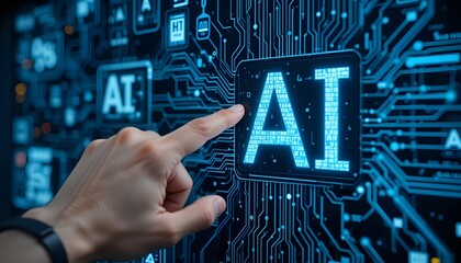 Man touching AI icon on electronic circuit board.


