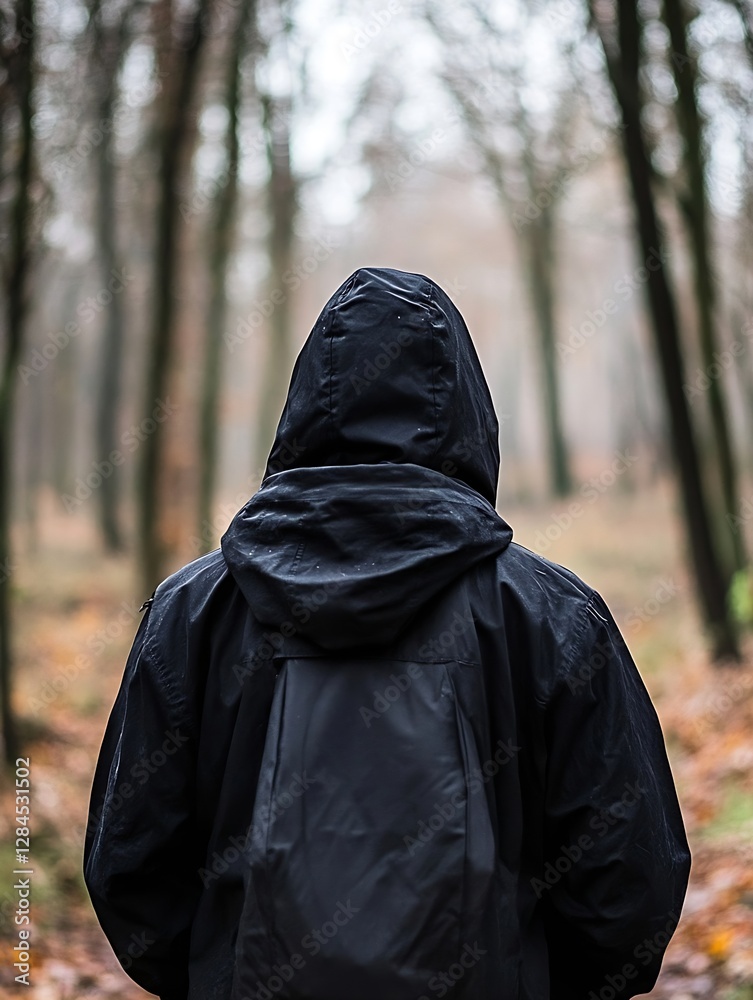 Aufkleber Mysterious figure walking through foggy forest path surrounded by trees : Generative AI
