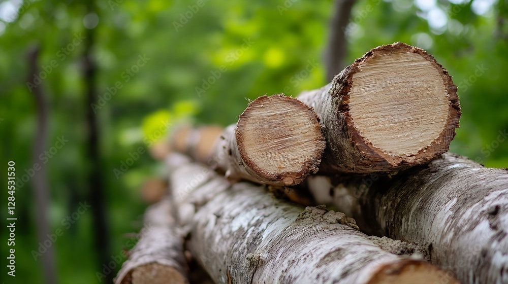 Aufkleber Stacked logs in a serene forest setting representing forestry and natural resources : Generative AI