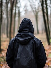 Mysterious figure walking through foggy forest path surrounded by trees : Generative AI