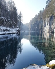 Calm winter scene of a pristine lake nestled between snow-covered cliffs and pine trees, reflecting the serene sky.