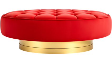 A plush, round red ottoman with a tufted design and a sleek gold base.