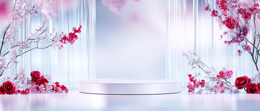 Elegant floral backdrop with cherry blossoms and roses for a spring event setup near a soft light background