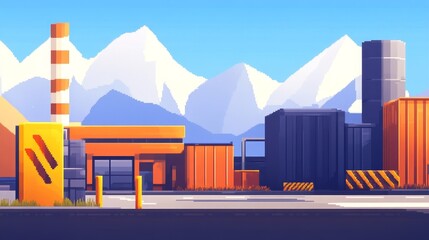 Industrial landscape with colorful buildings and mountains in the background during daytime