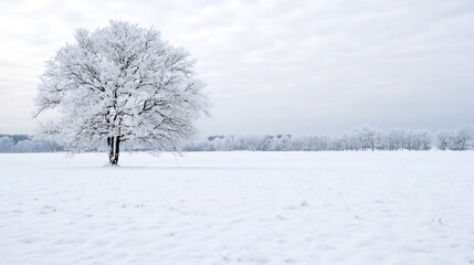 Obraz premium Majestic winter landscape featuring a lone tree surrounded by a peaceful snowy field : Generative AI