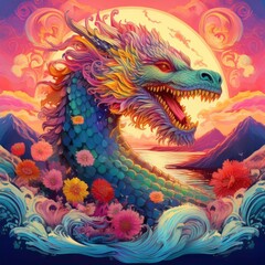 3-D geometric pattern of animals with flowers and pink background. 