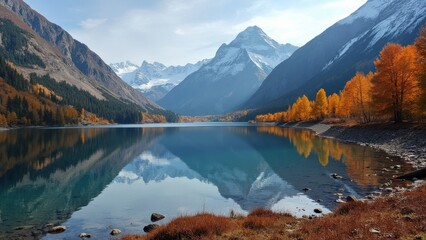 Obraz premium A Serene Autumn Landscape Showcases Majestic Snow-Capped Mountains and Vibrant Golden Foliage Along the Lake Edge
