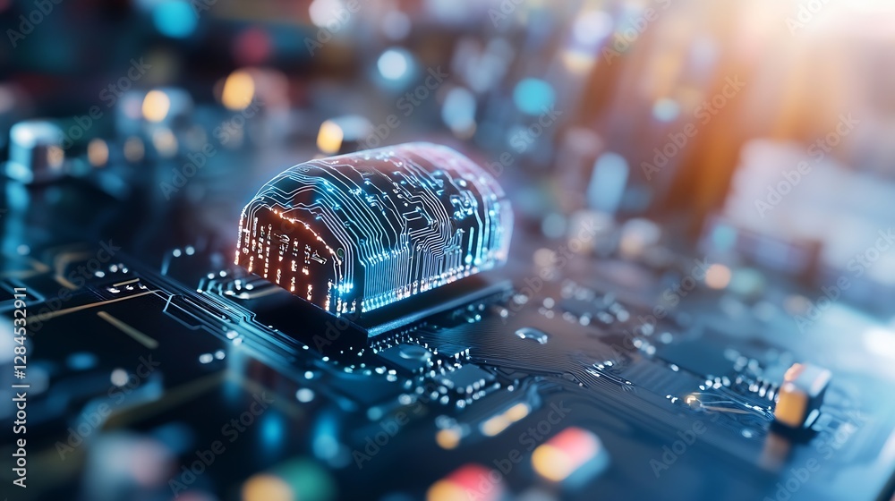 Poster Futuristic circuit board with a transparent microchip illuminating technological advances in electronics : Generative AI