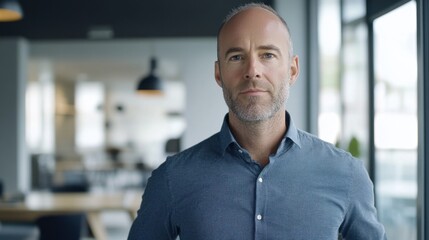 A man with thinning hair confidently walking through a stylish office space. Featuring empowerment and personal growth