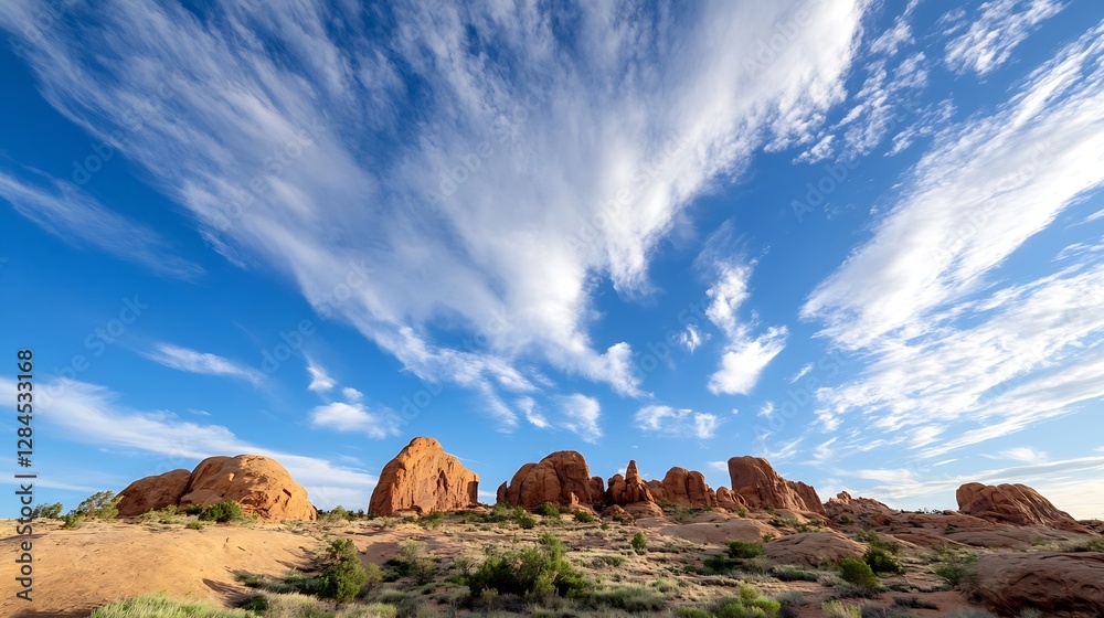 Poster dynamic cloud formations over stunning red rock formations on a clear day : generative ai