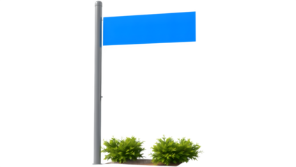 A blue rectangular sign mounted on a pole beside lush green shrubs.
