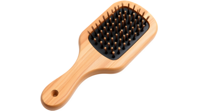 A wooden hairbrush featuring a rectangular design with bristles, ideal for smoothing and detangling hair.