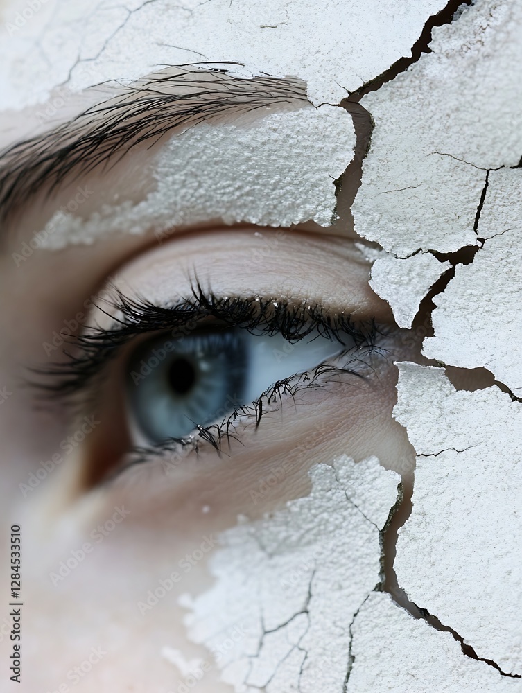 Poster closeup of an eye with cracked skin effect representing beauty and fragility : generative ai