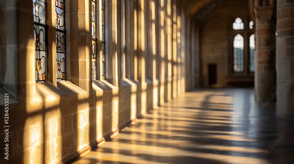 Poster illuminated hallway of a historic building with stained glass windows casting colorful shadows : gen