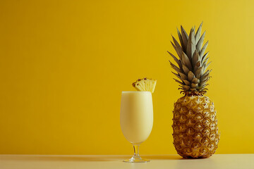 Pineapple Smoothie in a Glass on Light Wooden Table Isolated on Yellow Background