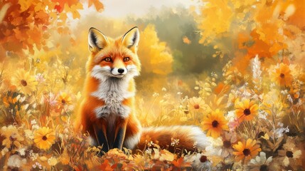 Vibrant fox in autumn scene amidst colorful flowers and foliage