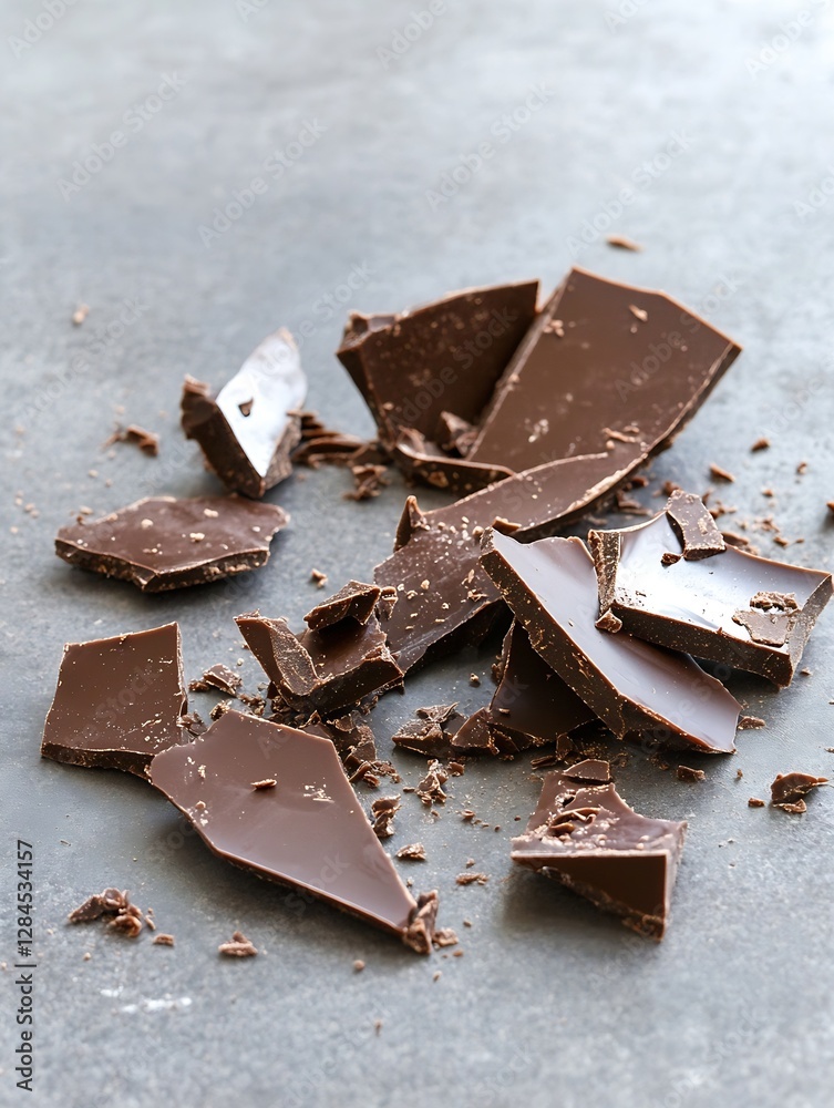 Poster Artfully arranged pieces of rich dark chocolate scattered on a textured surface for a delicious display : Generative AI