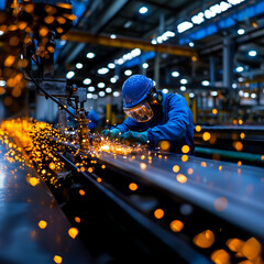 Skilled worker engages in metal fabrication at industrial facility during evening hours while sparks fly in the air generated   AI