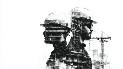 Double exposure of male construction workers in hard hats with crane overlay