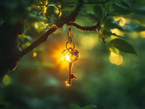 glowing key, tree branch, night scene, mystical ambiance, fantasy key