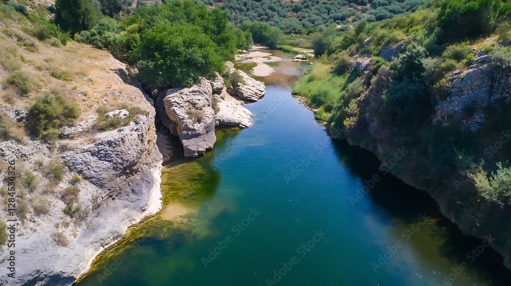 Aufkleber aerial view of a serene river winding through lush greenery and rocky banks in a tranquil natural se