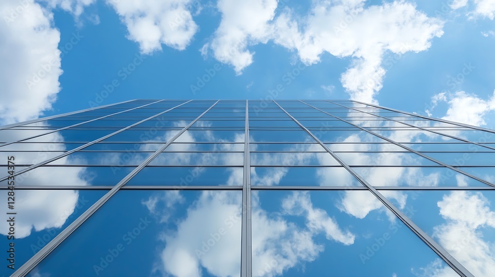 Poster modern skyscraper reflecting clouds and blue sky with a futuristic design perspective : generative a
