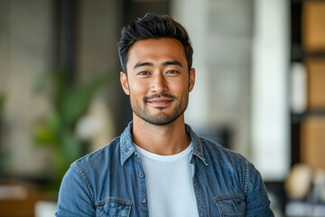 Obraz premium Happy, portrait and asian man with team in confidence for leadership, meeting or productivity at office. Young face, male person or employee with smile for creative business development at workplace