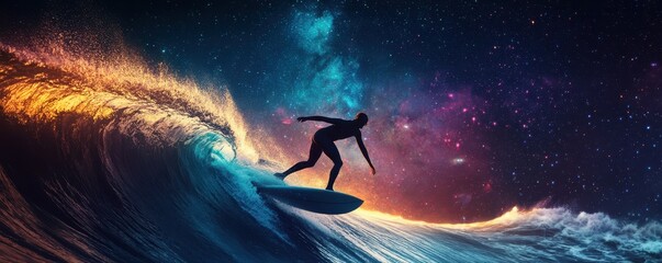 Obraz premium Surfer under starry night sky riding a large wave in ocean's cosmic glow