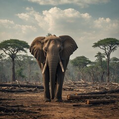 Obraz premium In the African wilderness, a majestic, weathered old elephant stands proudly, with tusks bearing the marks of time and deep wrinkles mapping a lifetime of wisdom. This stunning image, perhaps a painti