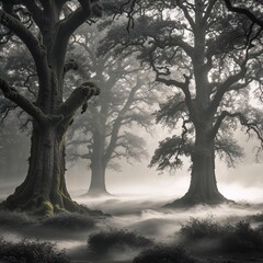 In a quiet forest during early morning, tall trees emerge from dense fog, their twisted branches silhouetted against a soft, muted light. The atmosphere is serene and mystical
