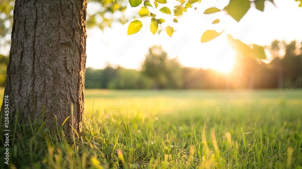 Poster Golden sunlight filtering through leaves by a majestic tree in a tranquil field : Generative AI