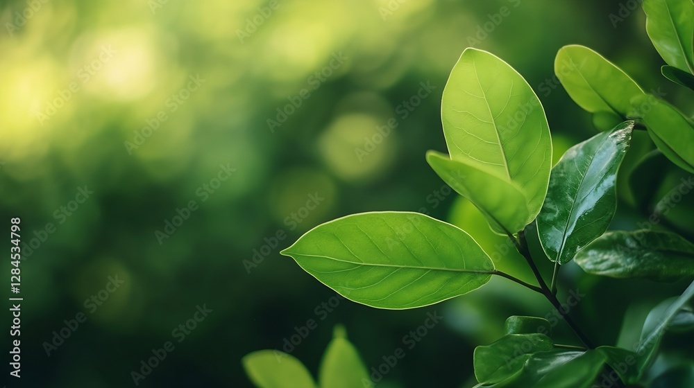 Poster closeup image of vibrant green leaves with soft blurred background in nature : generative ai