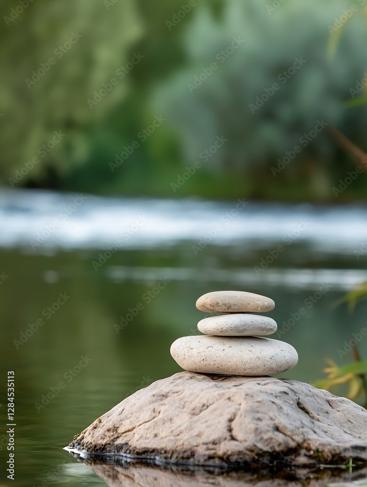 Aufkleber three smooth stones balanced on a rock by a tranquil river stream : generative ai