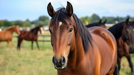 Fototapeta premium Majestic Brown Horse Stands Proudly Amidst Green Pasture with Friends in the Background : Generative AI
