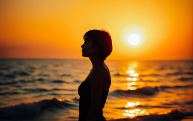 Fototapeta premium A woman’s silhouette standing by the ocean, watching the sunset