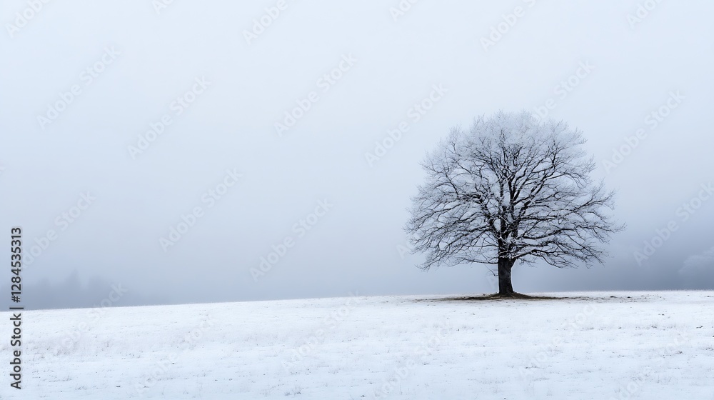 Poster Lonely tree in a snowcovered field during a foggy winter day with no leaves in sight : Generative AI