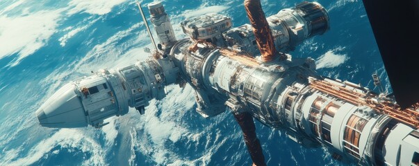 Obraz premium Space station orbiting earth with detailed view of modules and solar panels
