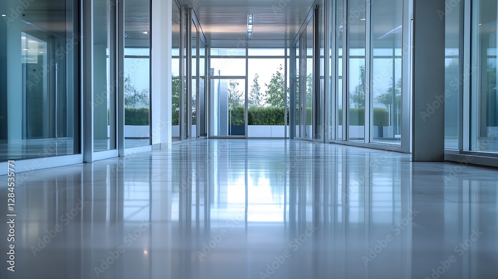 Poster sleek modern corridor in a glass building with bright sunlight highlighting the clean lines and spac