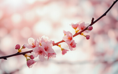 Delicate pink cherry blossoms in soft focus with sunlight filtering through