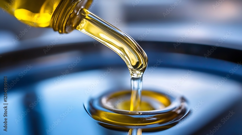 Poster golden oil pouring from bottle creating mesmerizing swirl in metallic basin under natural light : ge