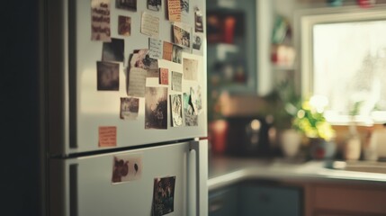 Refrigerator with family photos and notes in a bright kitchen