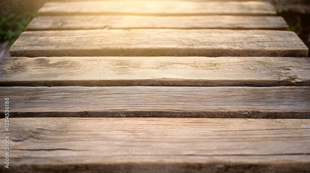 Aufkleber close up shot of rustic wooden planks with warm sunlight creating a soft glow over the surface : gen