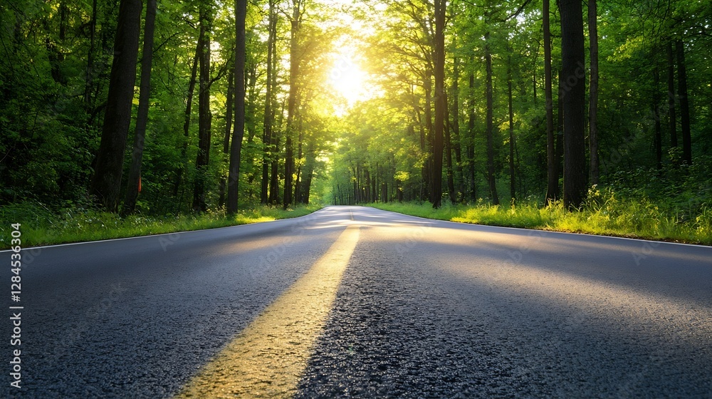 Poster serene view of a winding road through lush green forest illuminated by the golden light of sunset : 