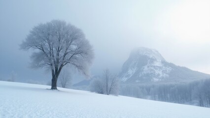 Obraz premium A Solitary Tree Emerges From a Blanket of Fresh Snow, Framed by Soft Fog and Distant Snow-Capped Mountains