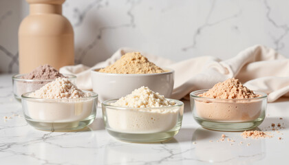 Fototapeta premium Calming pastel powders in glass bowls on marble surface, serene workspace